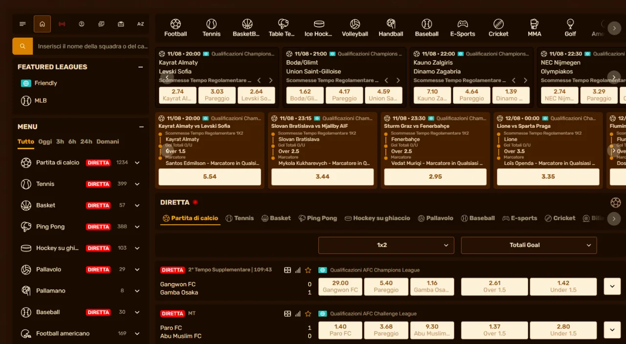 Schermata scommesse sportive con quote e partite live